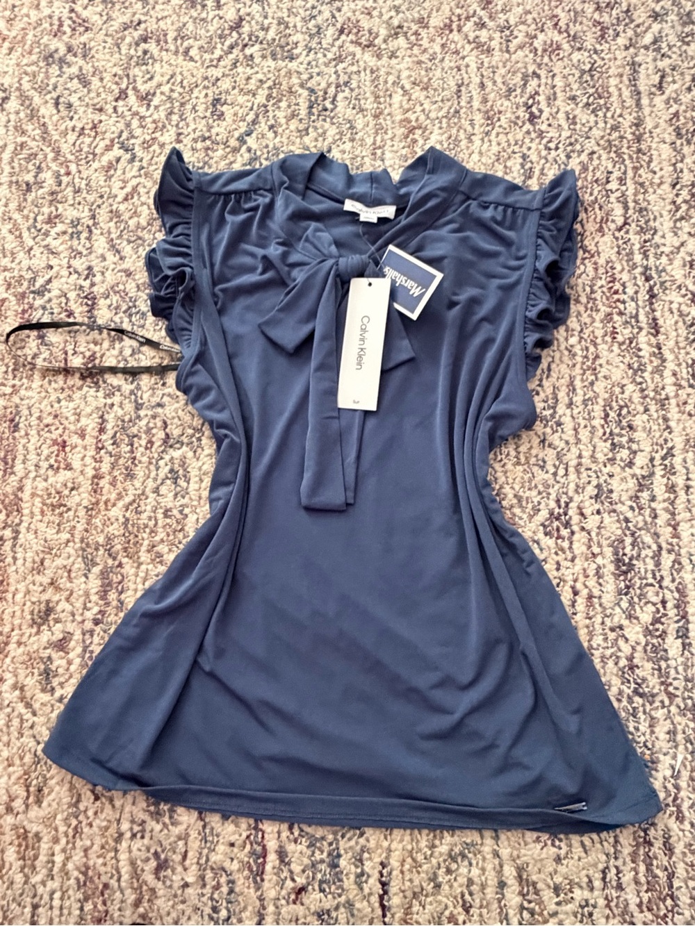 Calvin Klein Blue Tie-Neck Ruffle Sleeve Blouse